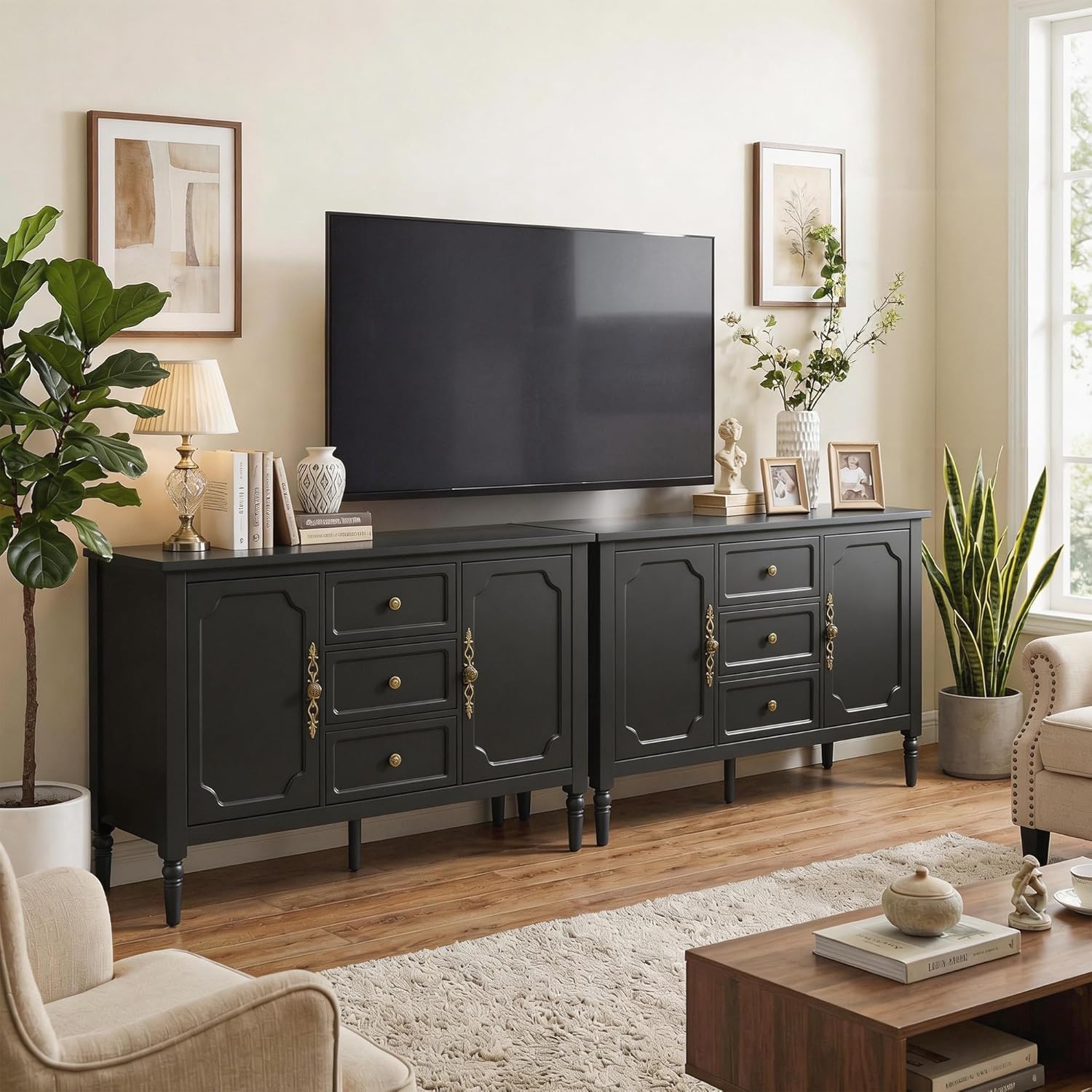 RoyalCraft Buffet Cabinet with Storage, Vintage Sideboard with 2 Doors & 3 Drawers, Coffee Bar Table with Solid Wood Legs, Mid Century Modern Painted Credenza for Kitchen, Dining Room, Black