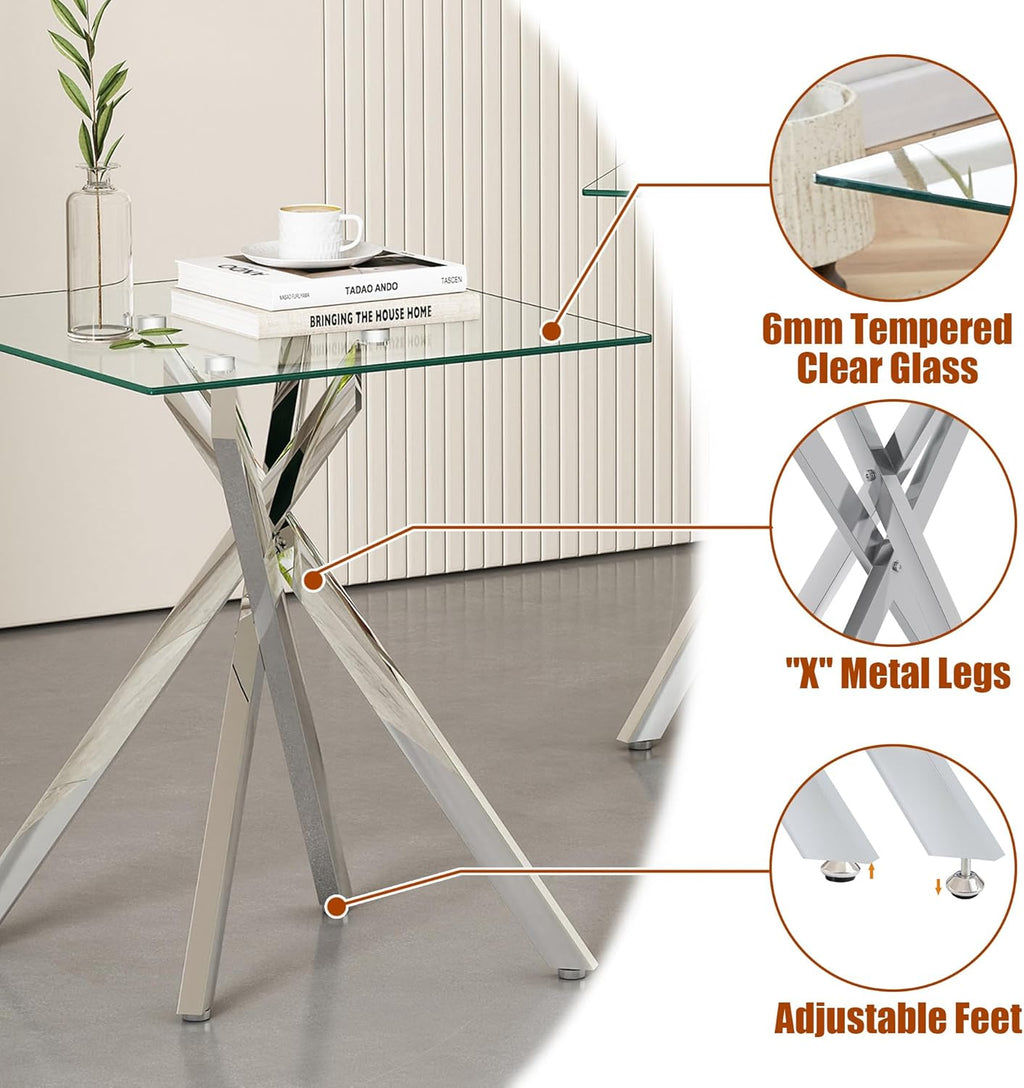 Modern Glass Side Table 17.72" Square End Table with Metal Legs, Small Clear Tempered Glass Sofa Tables for Living Room, Bedroom, Nightstand (Silver)