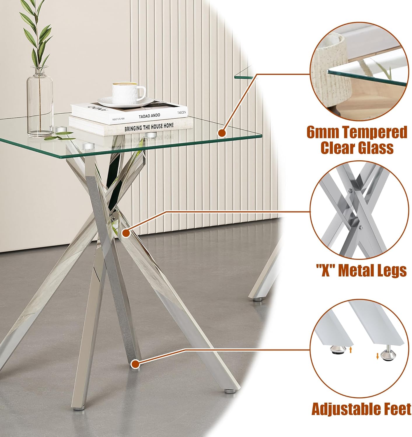 Modern Glass Side Table 17.72" Square End Table with Metal Legs, Small Clear Tempered Glass Sofa Tables for Living Room, Bedroom, Nightstand (Silver)