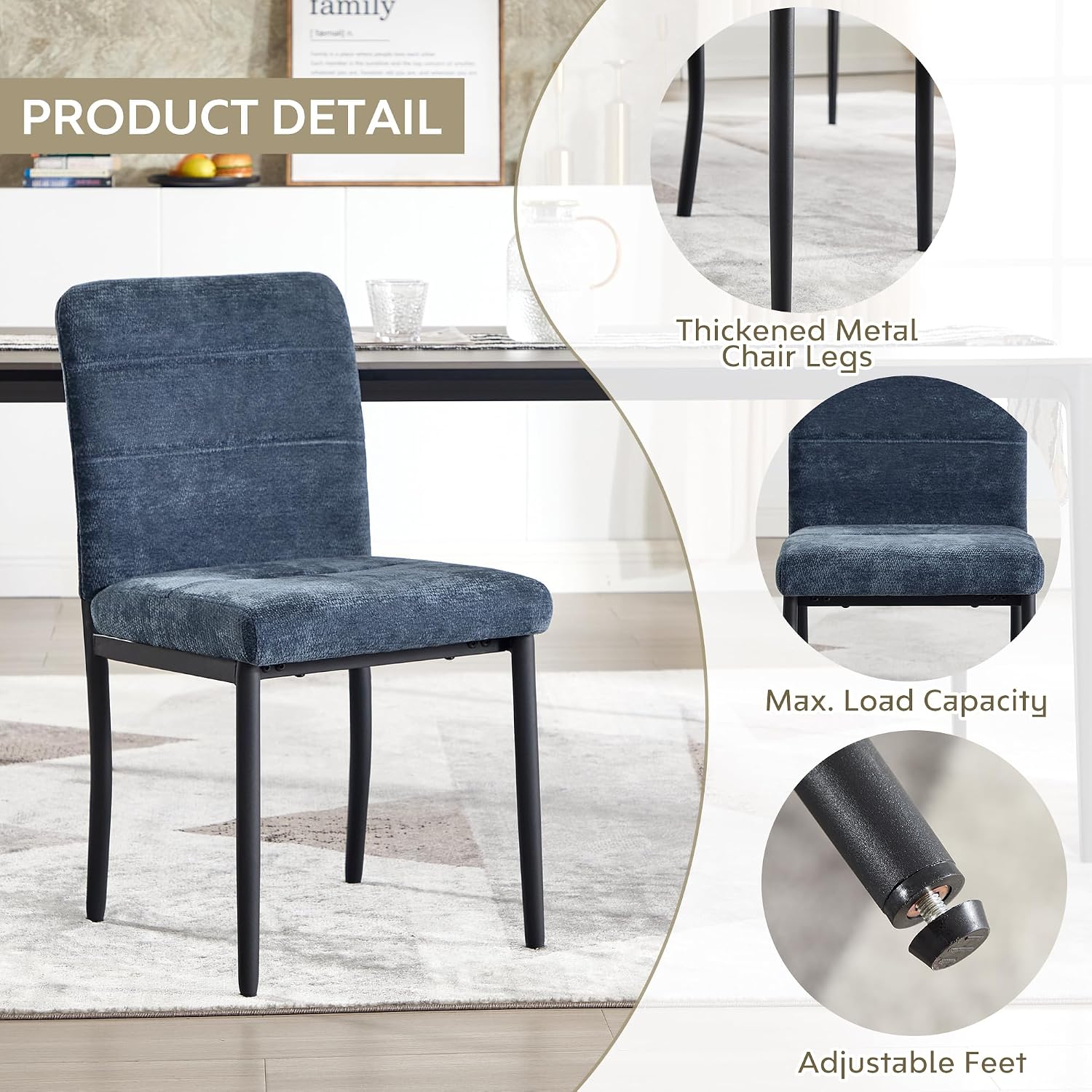 Dining Chairs Set of 4, Modern Upholstered Fabric Parsons Dining Room Chairs, Armless Kitchen Chairs with Metal Legs and Padded Seat for Living Room, Bedroom, Kitchen