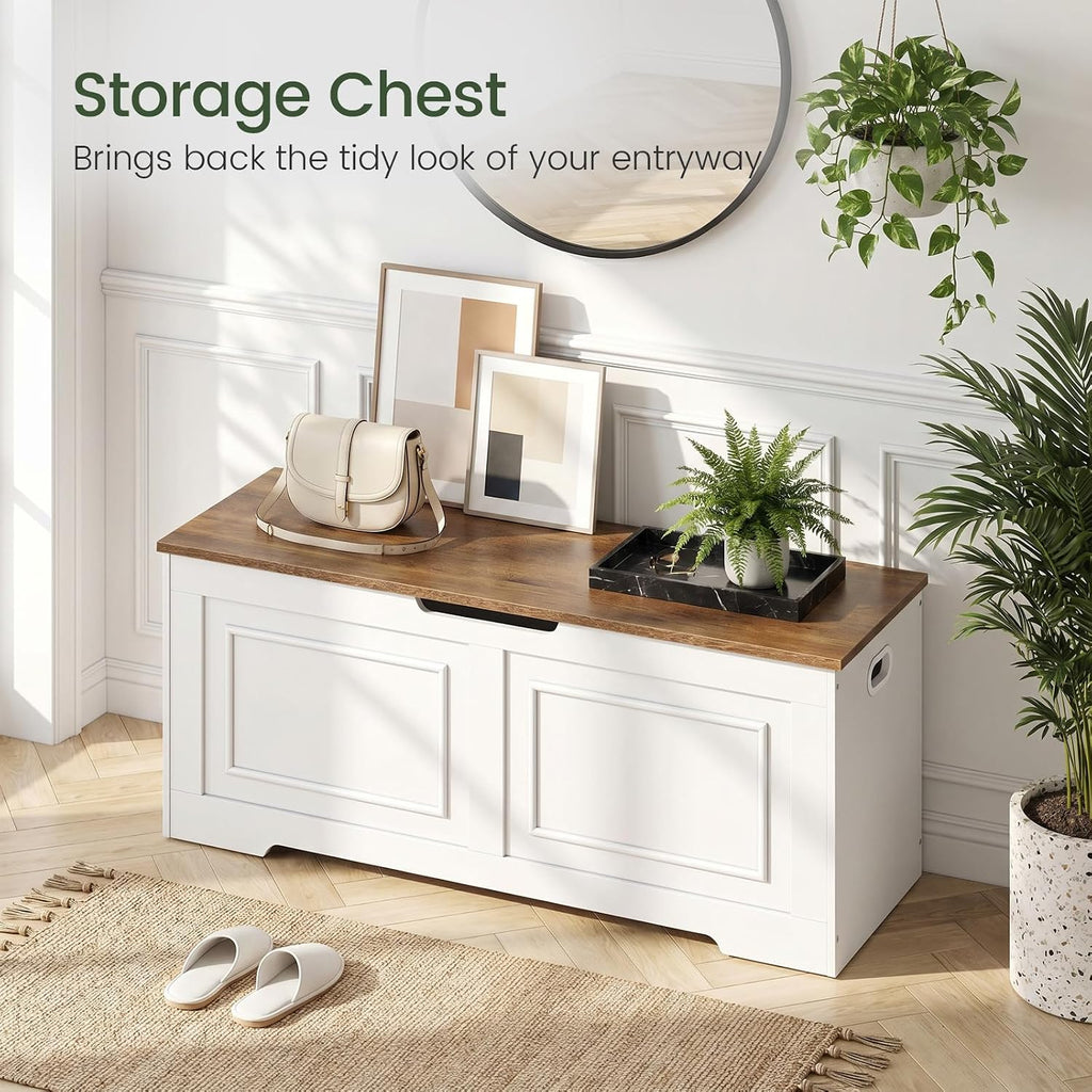 CHOEZON Storage Bench, 47.2" Large Capacity Toy Chest, Farmhouse Storage Trunk with Soft Close Hinge, Wooden Storage Box for Entryway, Living Room, Bedroom, White and Walnut MCW25WL
