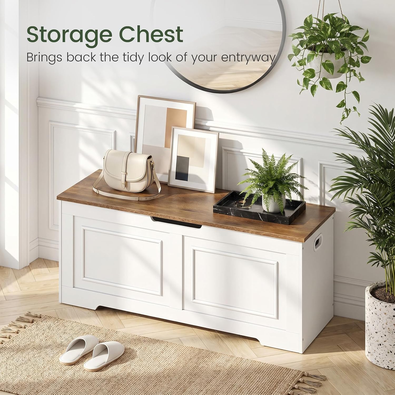 CHOEZON Storage Bench, 47.2" Large Capacity Toy Chest, Farmhouse Storage Trunk with Soft Close Hinge, Wooden Storage Box for Entryway, Living Room, Bedroom, White and Walnut MCW25WL