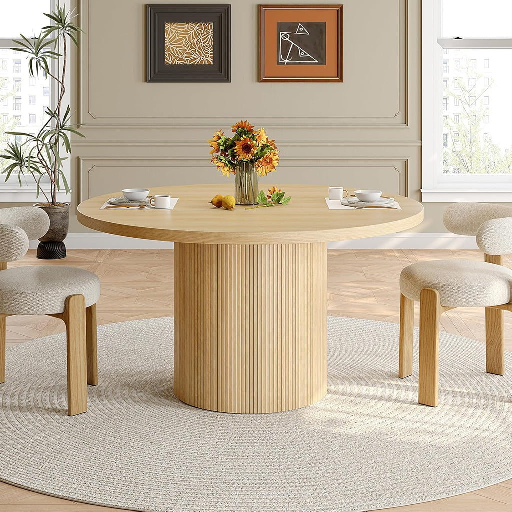47 inch Round Dining Table for 4, Circle Kitchen Table with Wood Strip Base, Modern Farmhouse Dinner Tables for Kitchen, Living Room (Oak)
