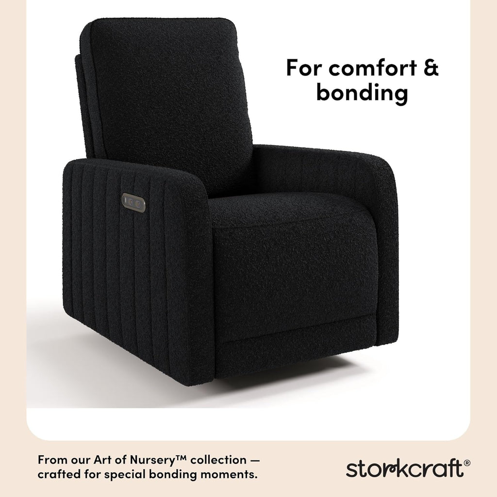 Storkcraft Kyoto Deluxe Power Recliner Swivel Glider (Black Boucle) – Premium Electronic Power Recliner for Nursery, Includes Dual-USB Charging Port with USB-A & USB-C, Glider Rocking Chair