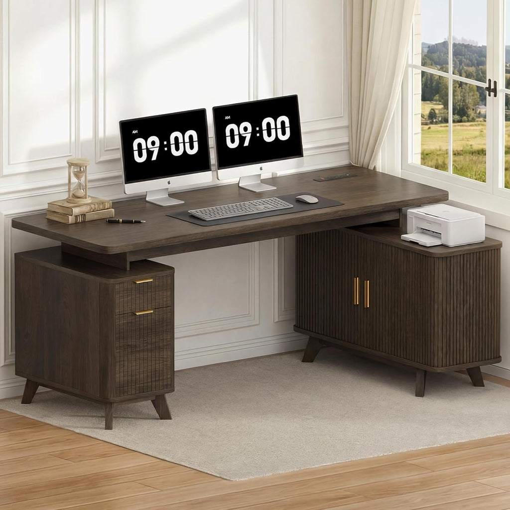 Farmhouse L Shaped Executive Desk with Drawers & Sliding Doors Fluted Storage Cabinet, 63" Corner Computer Desk with Power Outlets (4 AC & USB/Type-C), Reversible Home Office Desk, Brown
