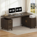 Farmhouse L Shaped Executive Desk with Drawers & Sliding Doors Fluted Storage Cabinet, 63" Corner Computer Desk with Power Outlets (4 AC & USB/Type-C), Reversible Home Office Desk, Brown