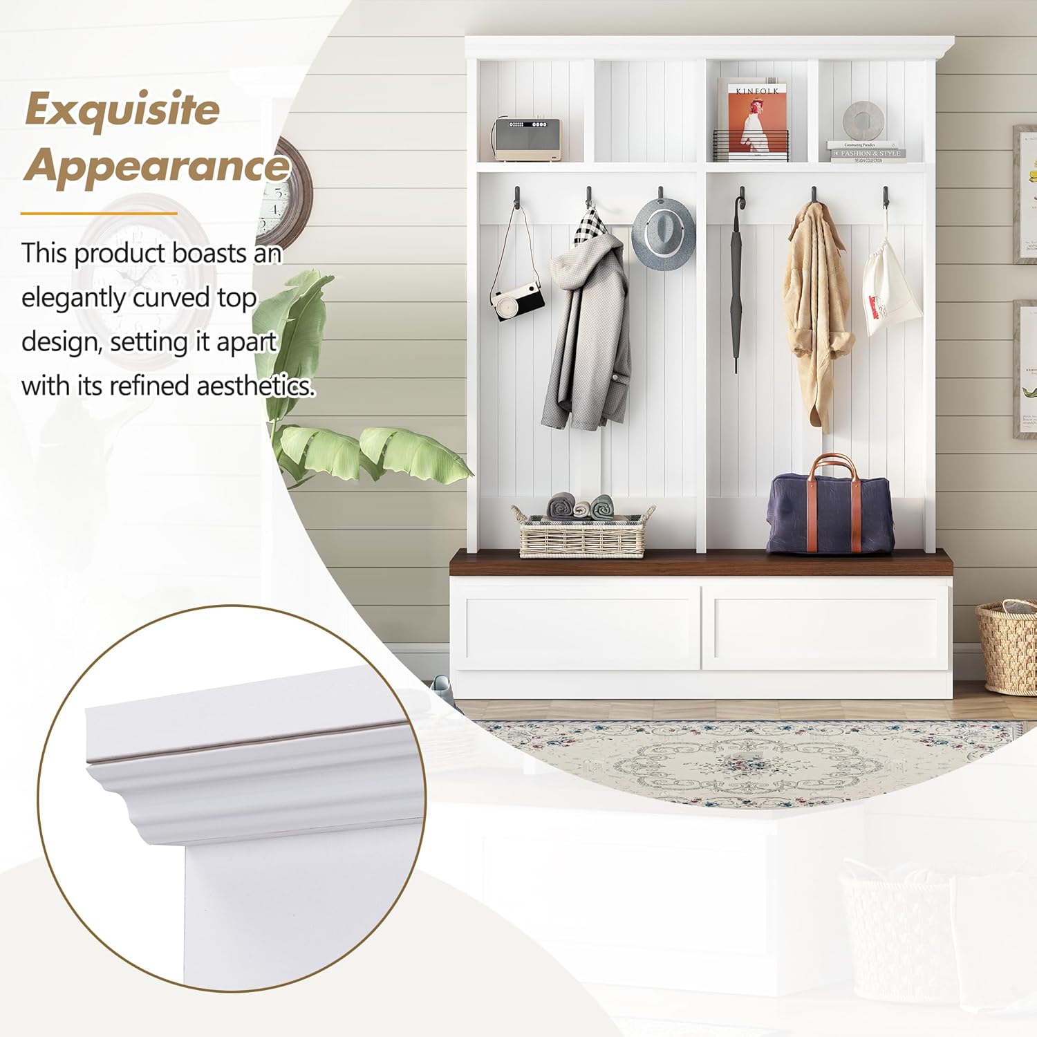Merax Wood Hall Tree with 6 Hooks & Entryway Bench, Farmhouse Mudroom Versatile Coat Racks with 2 Large Drawers, Entrance Organizer for Hallway, White