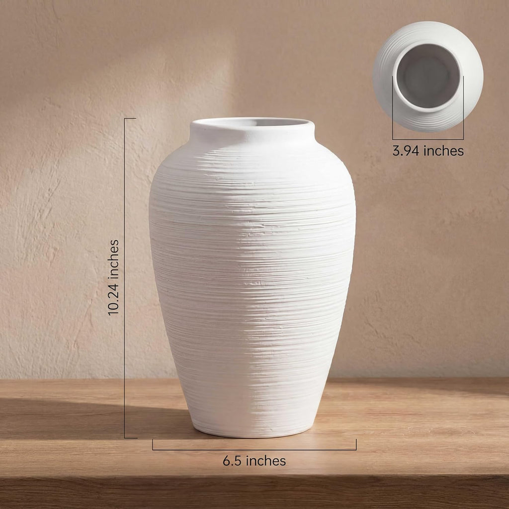 Off-White 10” Ceramic Vase for Home Decor, Farmhouse & Boho Decorative Pottery Vase for Table Centerpiece, Mantel, Shelf, Living Room, Kitchen, and Entryway (White Ribbed - 10" Medium)