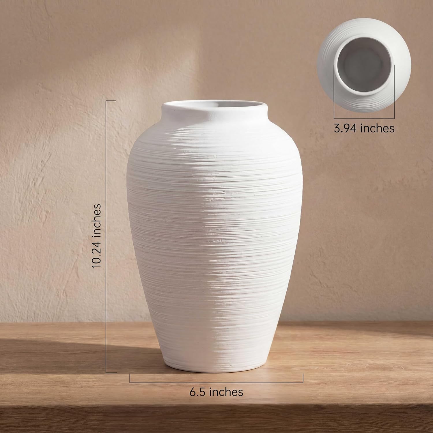 Off-White 10” Ceramic Vase for Home Decor, Farmhouse & Boho Decorative Pottery Vase for Table Centerpiece, Mantel, Shelf, Living Room, Kitchen, and Entryway (White Ribbed - 10" Medium)