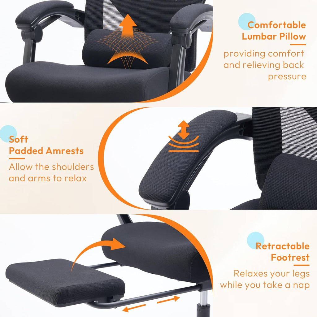 Desk Chair with Foot Rest, High-Back Mesh Office Chair with Wheels, Reclining Gaming Chair with Headrest and Adjustable Lumbar Support, 90°-130° Reclining, for Home Office and Gaming, Classic Black