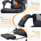 Desk Chair with Foot Rest, High-Back Mesh Office Chair with Wheels, Reclining Gaming Chair with Headrest and Adjustable Lumbar Support, 90°-130° Reclining, for Home Office and Gaming, Classic Black
