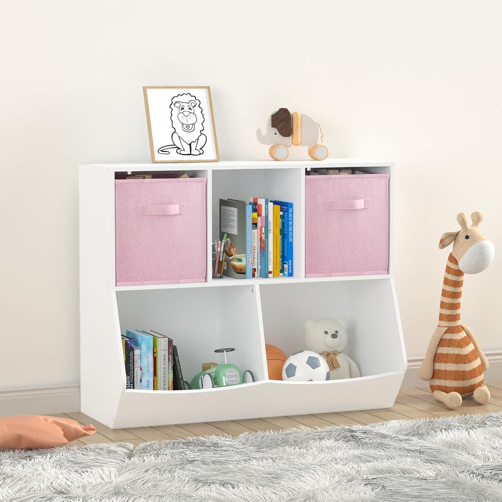 Bookcase with Collapsible Fabric Drawers, Toy Storage Cabinet for Playroom, Bedroom, Nursery, School, White,Pink