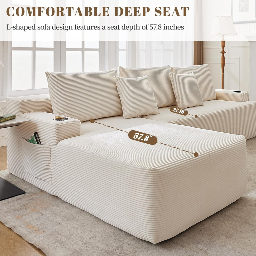 106" Cloud Sectional Couch, Modular Sectional Sofa with L-Shape Chaise, Corduroy Boneless Couch with Deep Seat, Upholstered Sofa for Living Room, No Assembly Required(Left-Facing Chaise, White)