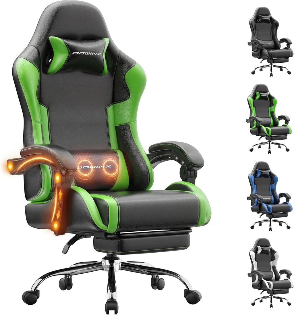 Dowinx Gaming Chair Ergonomic, Massage Lumbar Support, Footrest, Adjustable Height & Headrest Pillow, Heavy Duty 330lbs Office Chair, Comfortable for Back Pain Relief Long Gaming Streaming Deep Green