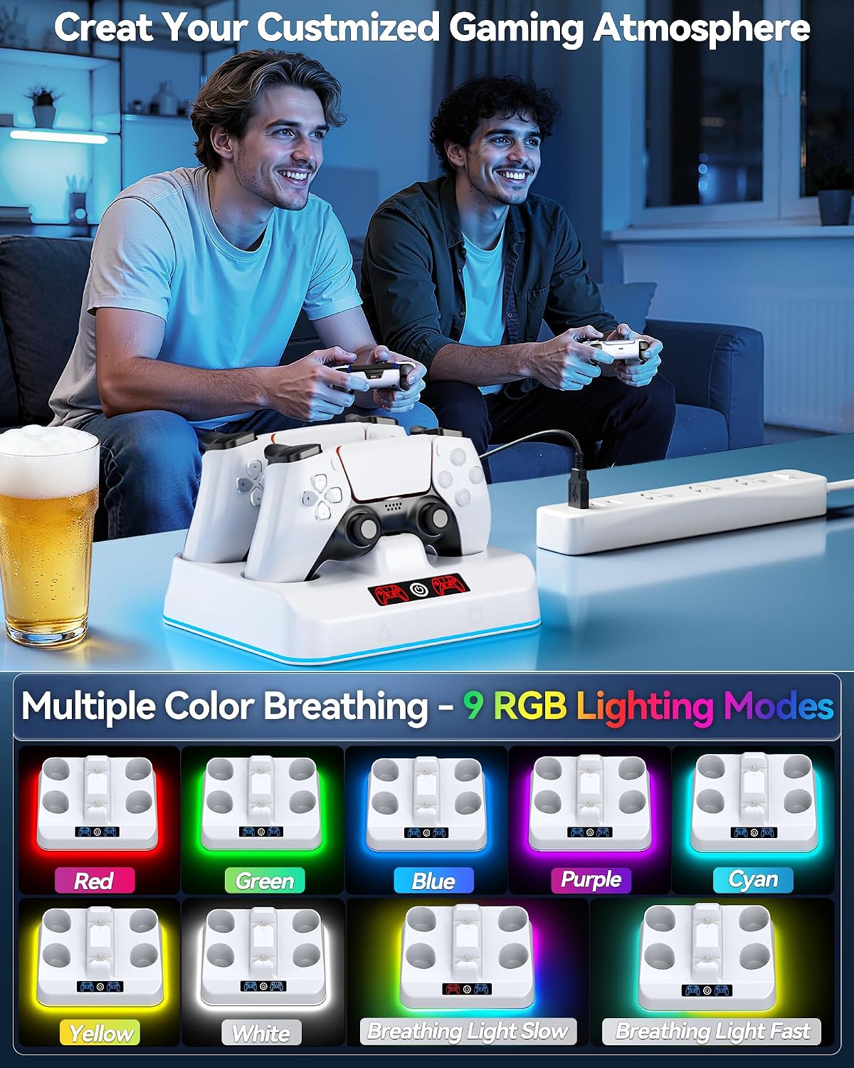 PS5 Controller Charger Station, Drop & Go Design Compatible with Sony PlayStation 5 DualSense/Edge Remotes, Fast Charging Dock with RGB Light & LED Indicator, Must Have PS5 Accessories