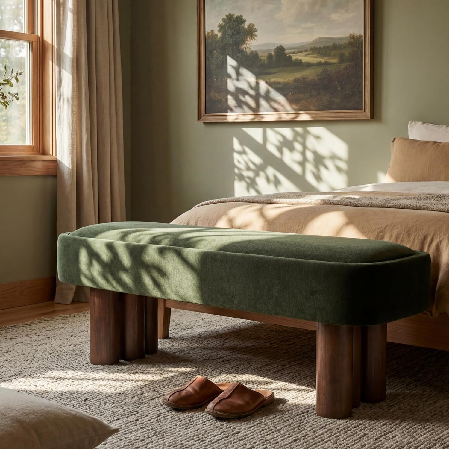 Christopher Knight Home Damas 60.04" Fabric Upholstered Dining Bench, Wooden Entryway Bench, Long Sofa Footstool for Living Room, Bedroom End of Bed Bench, Olive Green+Walnut