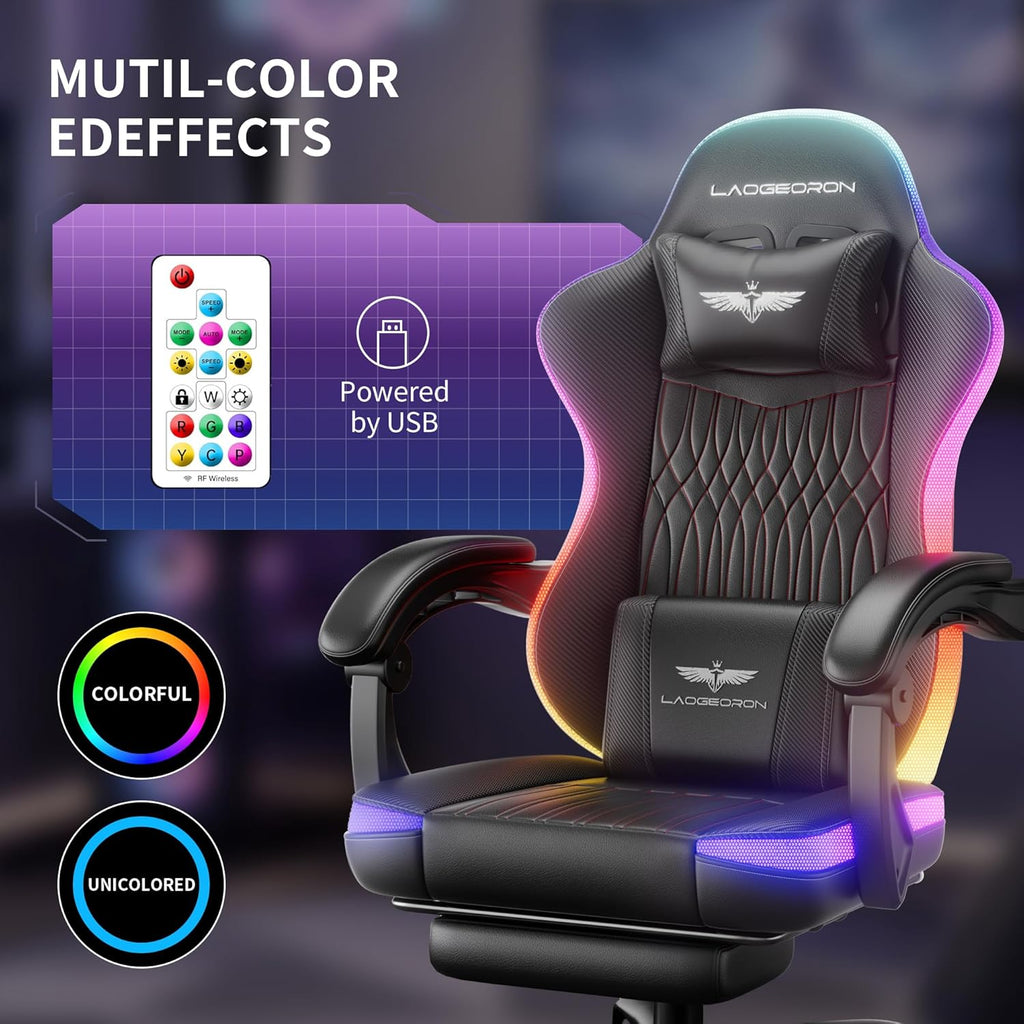 Ergonomic Gaming Chair, RGB LED Lights Computer Chairs with Retractable Footrest, 400 lbs Lumbar Support Linked Armrests Gamer Chair High Back Heavy Duty Video Game Chairs (Black Red)