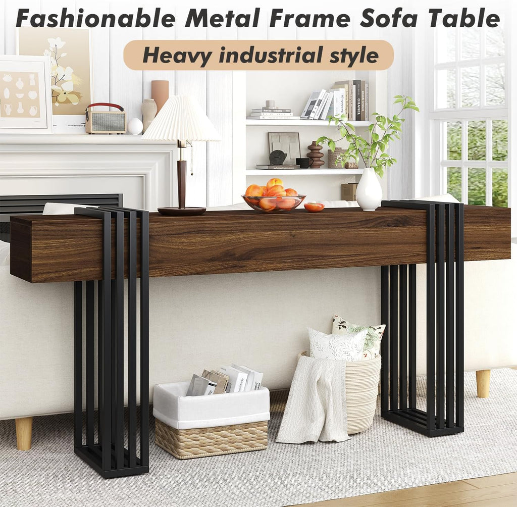 knoworld 71 Inch Long Console Table, Extra Thick Industrial Sofa Table Behind The Couch Rectangular Entryway Table for Entrance Hallway Living Room, Entire top Board & 4-Pipe Legs, Walnut
