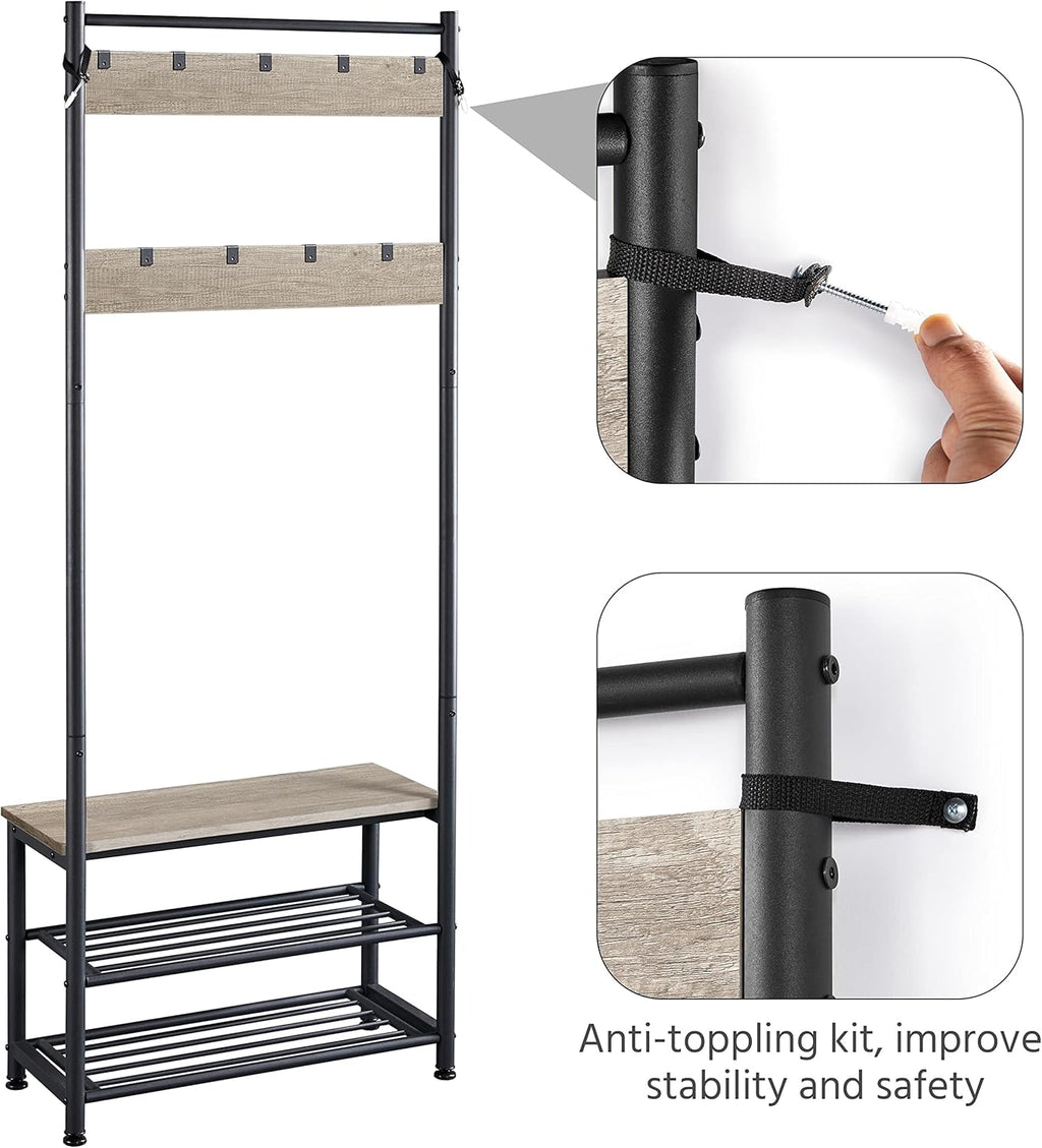 Yaheetech Coat Rack, Hall Tree with Shoe Bench, Entryway Shoe Storage with Coat Rack Stand, 9 Movable Hooks, Industrial Entryway Furniture, Gray