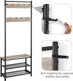 Yaheetech Coat Rack, Hall Tree with Shoe Bench, Entryway Shoe Storage with Coat Rack Stand, 9 Movable Hooks, Industrial Entryway Furniture, Gray