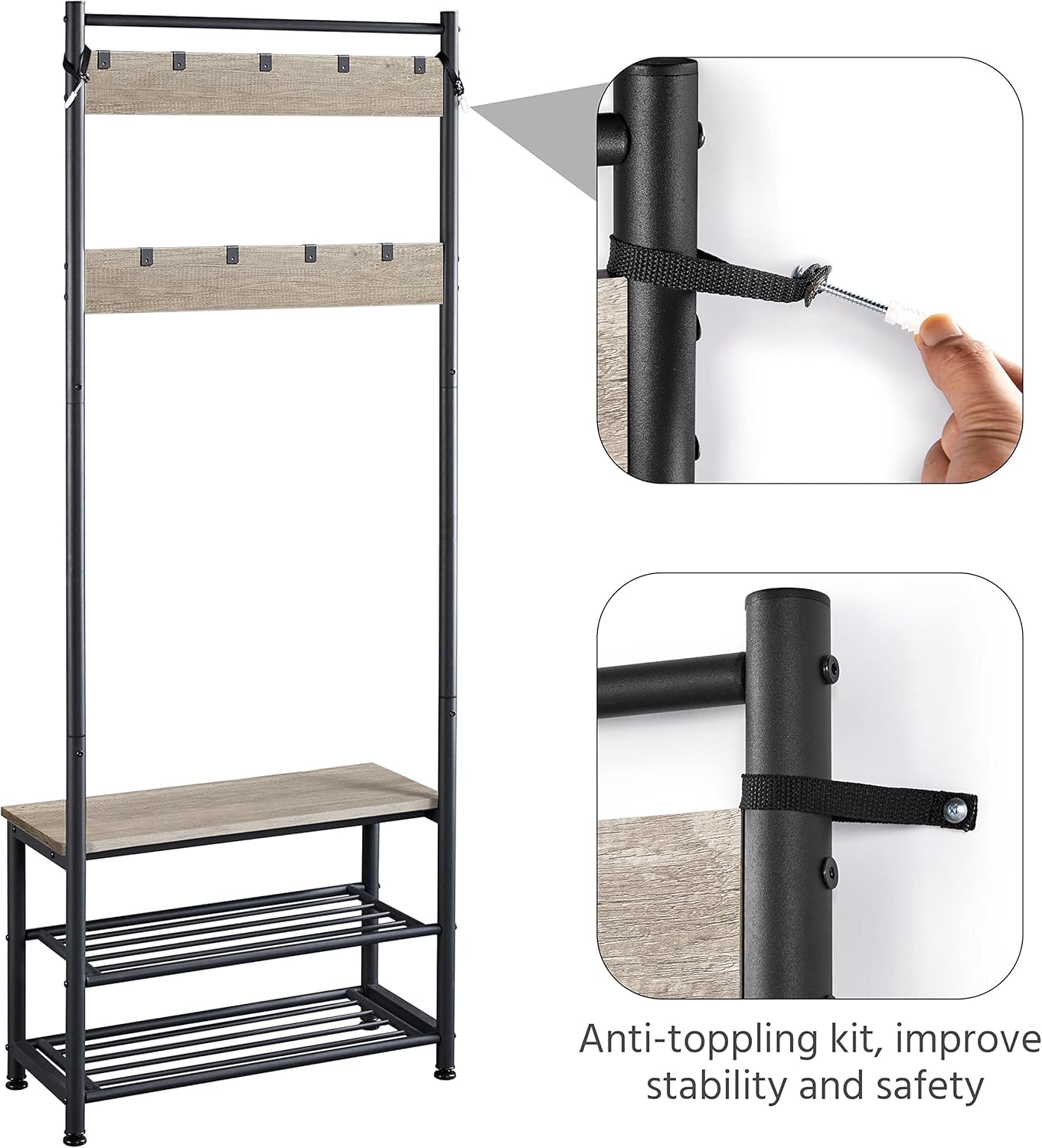 Yaheetech Coat Rack, Hall Tree with Shoe Bench, Entryway Shoe Storage with Coat Rack Stand, 9 Movable Hooks, Industrial Entryway Furniture, Gray