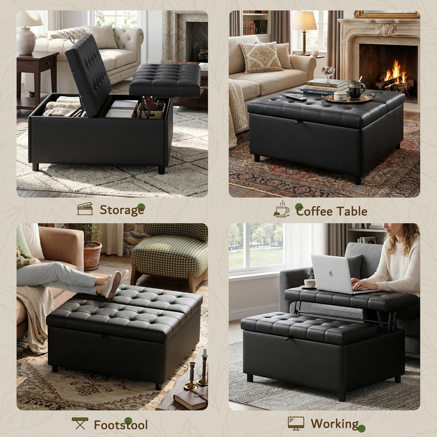 LINLUX Extra Large Leather Storage Ottoman, 35.5 Inch Large Square Lift Top Ottoman Coffee Table with Storage, Tufted Leather Ottoman Footrest Toy Box for Living Room, Black