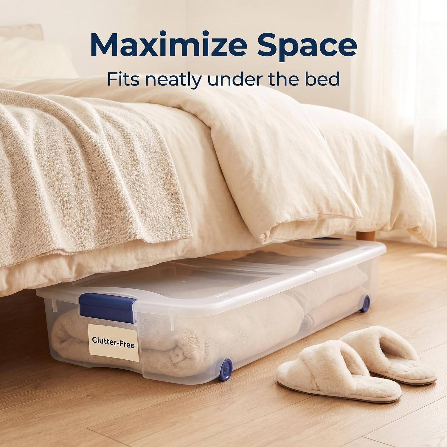66 Quart Underbed Storage with Wheels, Clear Plastic Storage Container, with Latch Lid, for Bedroom, Closet, Garage, Blue