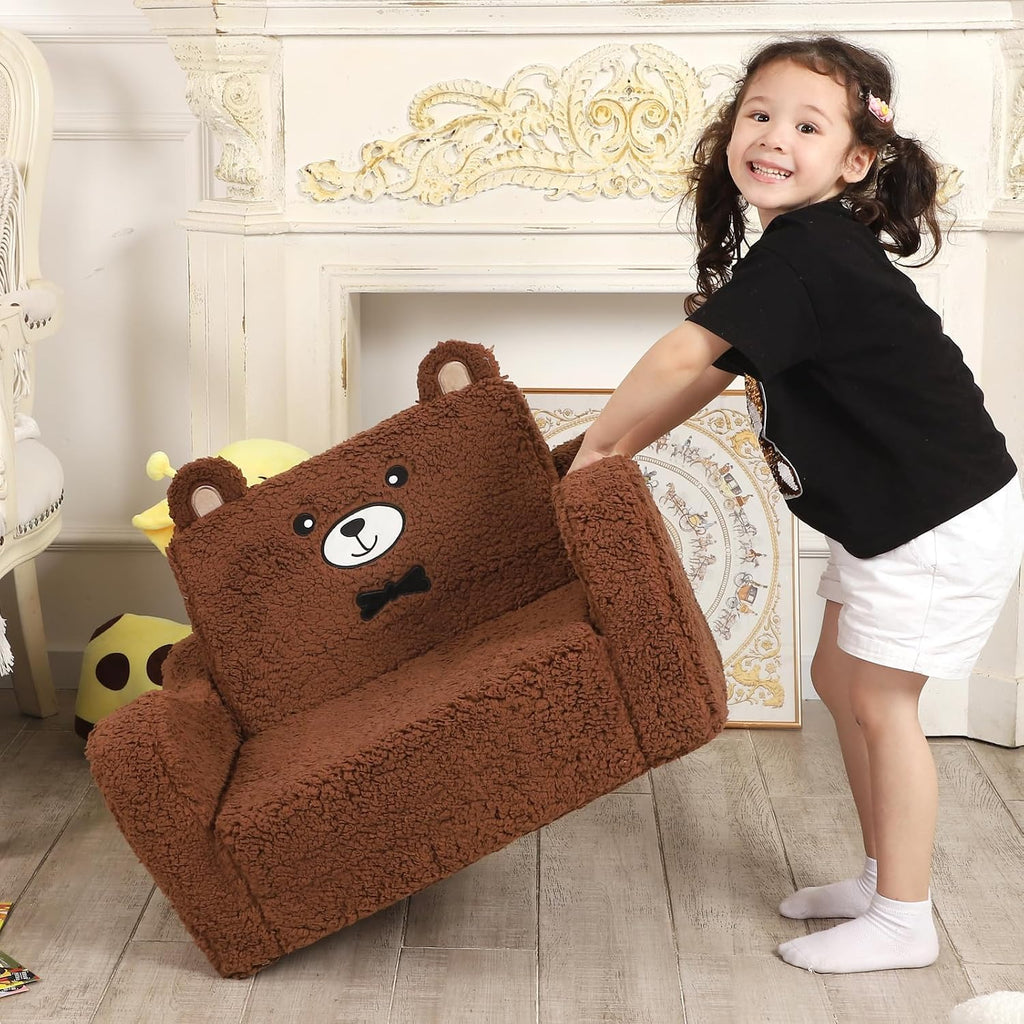 MOMCAYWEX Kids Sofa, 2-in-1 Flip-Out Foam Couch, Soft Play Lounge Chair for Toddlers and Children, Brown
