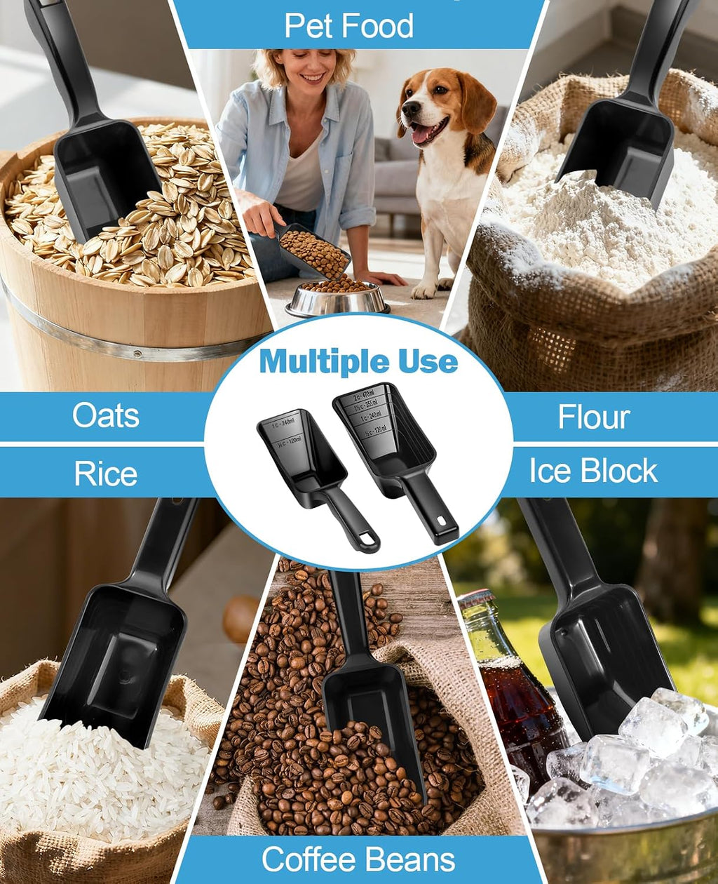 2-Pack Dog Food Scoop Set,1 Cup and 2 Cup Plastic Pet Food Measuring Scoops with Clear Measurement Lines,Multi-Purpose Pet Food Scooper for Dogs, Cats (Black)
