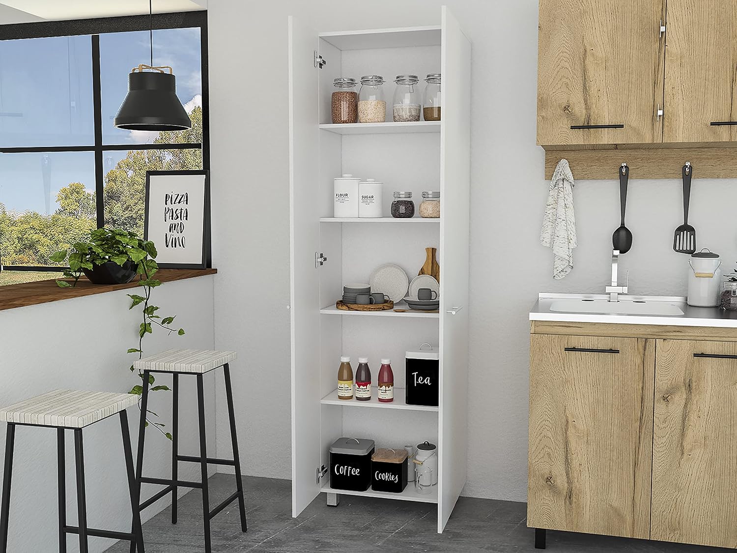 Pensacola Double Door Pantry Cabinet: 78" High Storage with 5 Shelves - White Modern Style Particle Board for Home Organization & Kitchen Storage