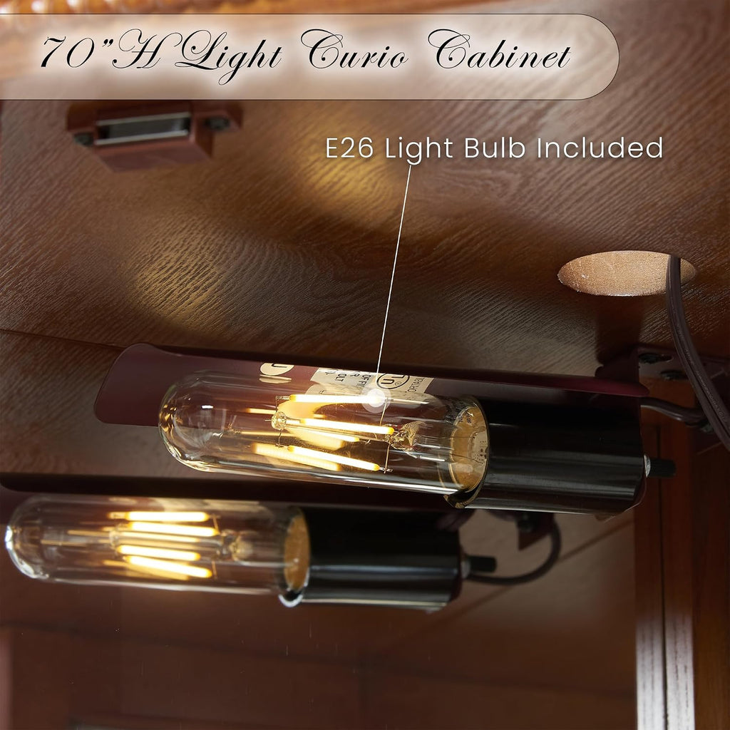 Corner Curio Cabinet with Light Bulb, Tempered Glass Doors, Floor Standing Glass Display Cage with 6 Tempered Glass Shelves, Wine Cabinet Storage Rack for Bar and Liquor Storage (Oak)