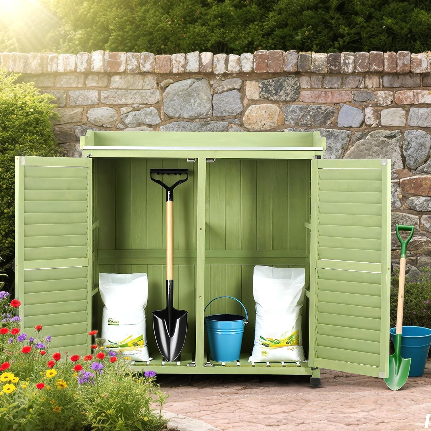 Outdoor Storage Cabinet & Potting Bench Table with Metal Work Top, Vented Louvered Doors, Wooden Patio Furniture, Garden Workstation, Green, 36x31x17in