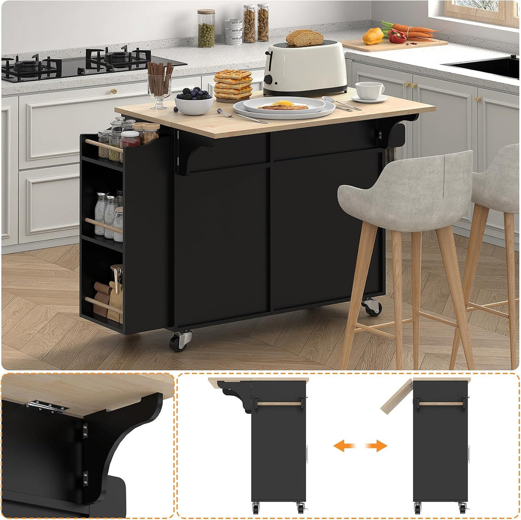Bigbiglife Kitchen Island with Storage, 50.8" Rolling Kitchen Island Cart with Drop Leaf & Storage - Mobile Kitchen Organizer with Wheels, Rubberwood Top, Trash Can Cabinet & Towel Rack, Black