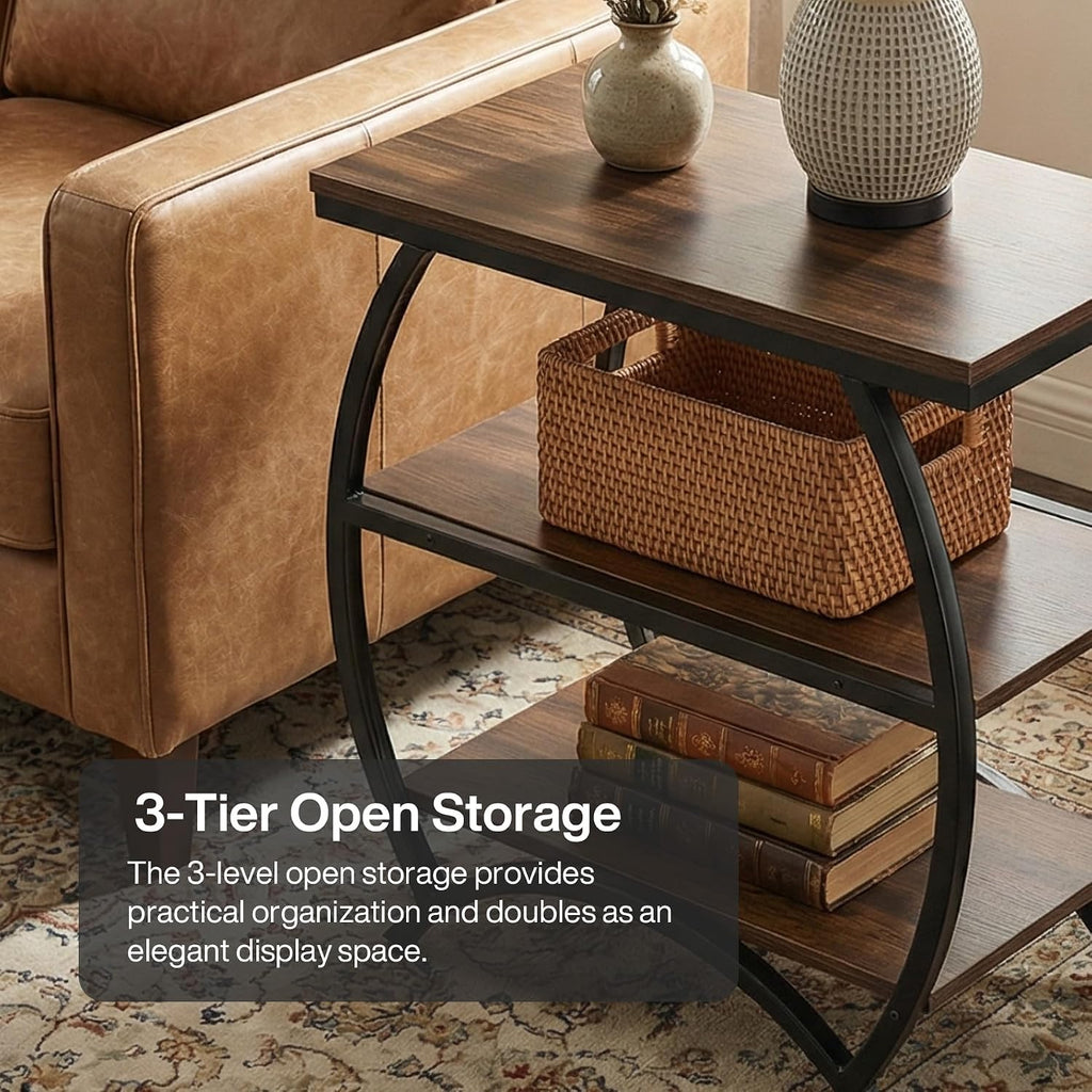 Tribesigns End Table for Living Room, Narrow Couch Side Table with 3-Tier Storage Shelves, Small Bedside Nightstand with Metal Frame, Rustic Brown