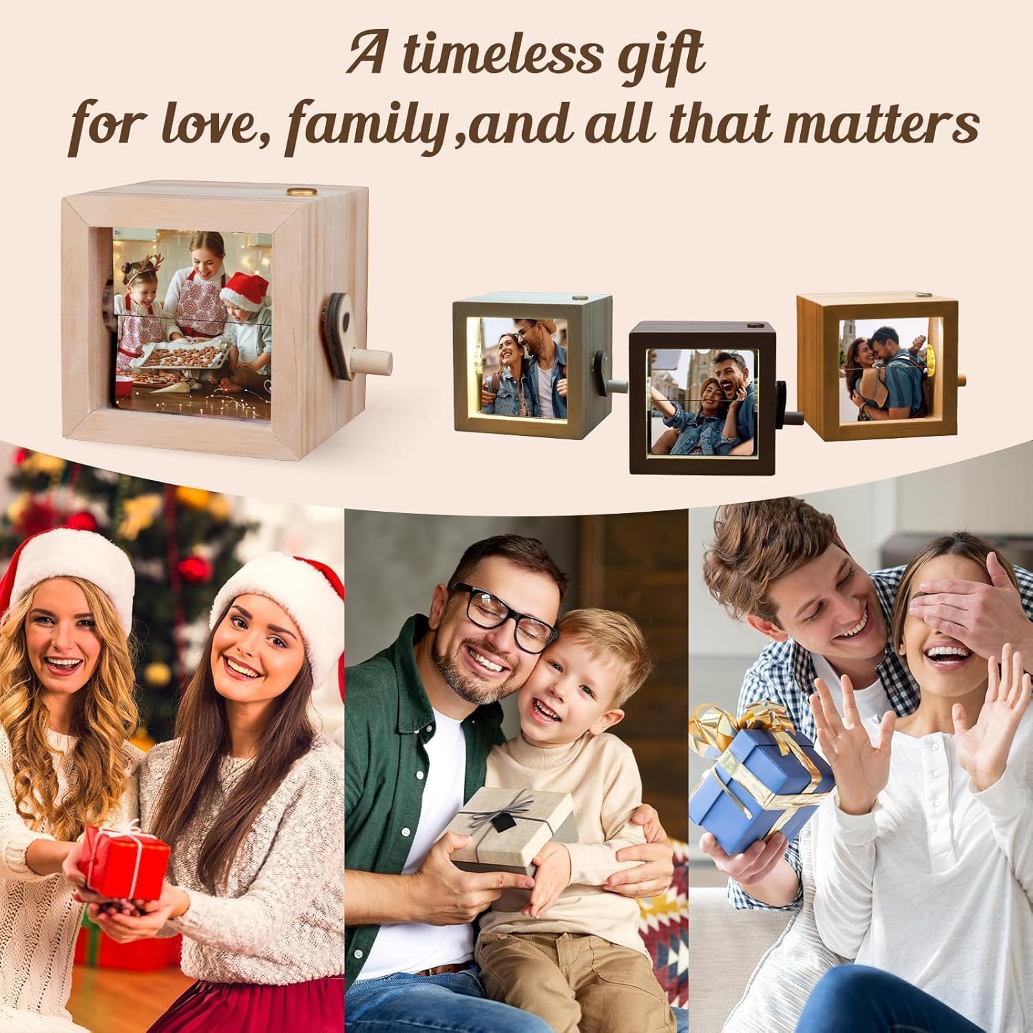 Custom Flip Photo Book, Personalized 8 or 16 Photo Flip Box Frame Animation Machine, Custom Hand-crank Flipbook Box Album with Light, Music, Gifts for Fathers Day Birthday (Walnut)