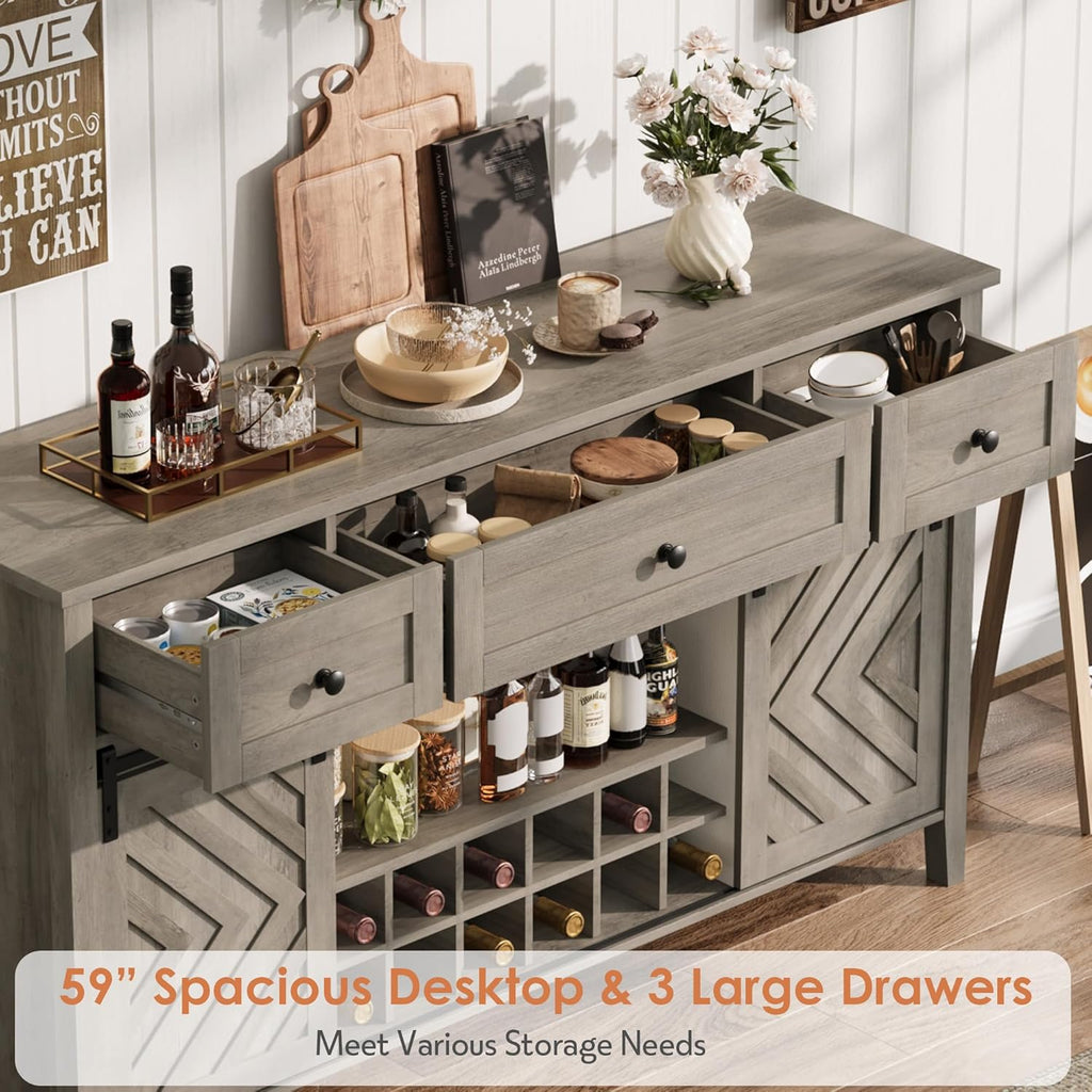 CABIHOME Farmhouse 47.2'' Buffet Cabinet with Sliding Barn Door, 33.4'' Tall Wood Rustic Sideboard with 3 Drawer, Adjustable Shelf and Removable Wine Rack (Vintage, 59'')
