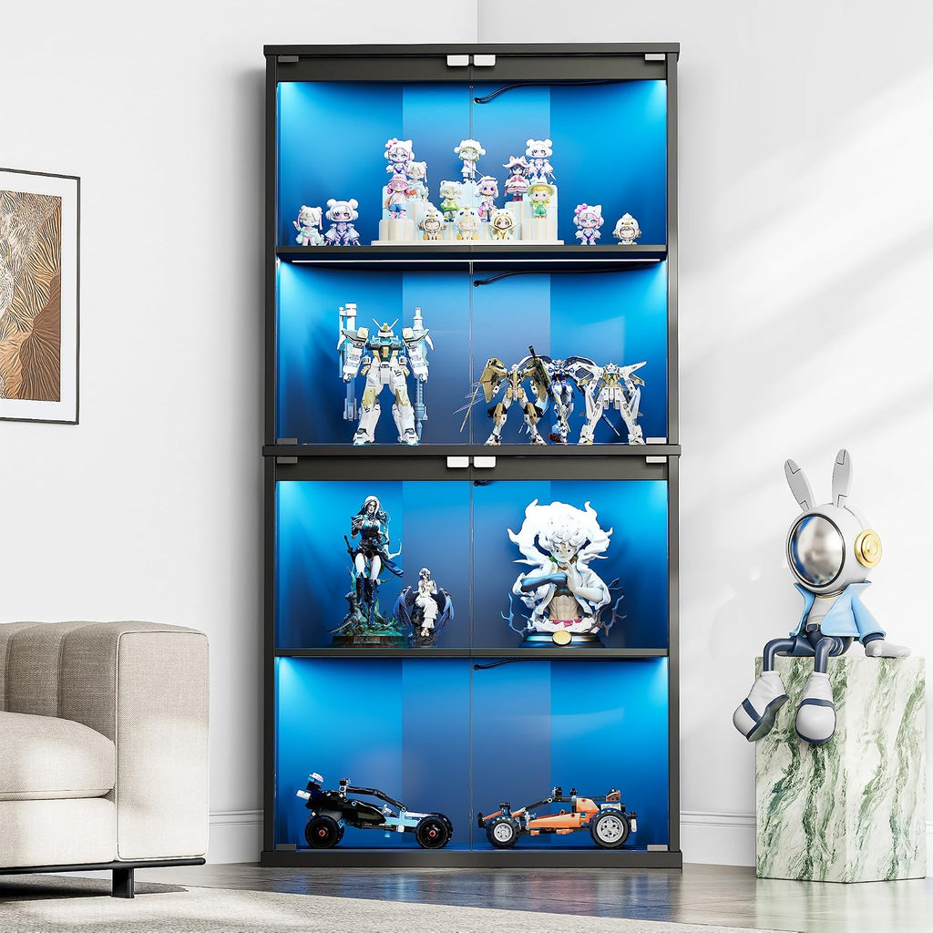 Loomie Corner Display Cabinet with 7 Color LED Lights, 62" Lighted Curio Cabinet with Glass Doors for Collectibles, 4-Tier Showcase Display Case with Human Body Sensor for Toys, Books, Black