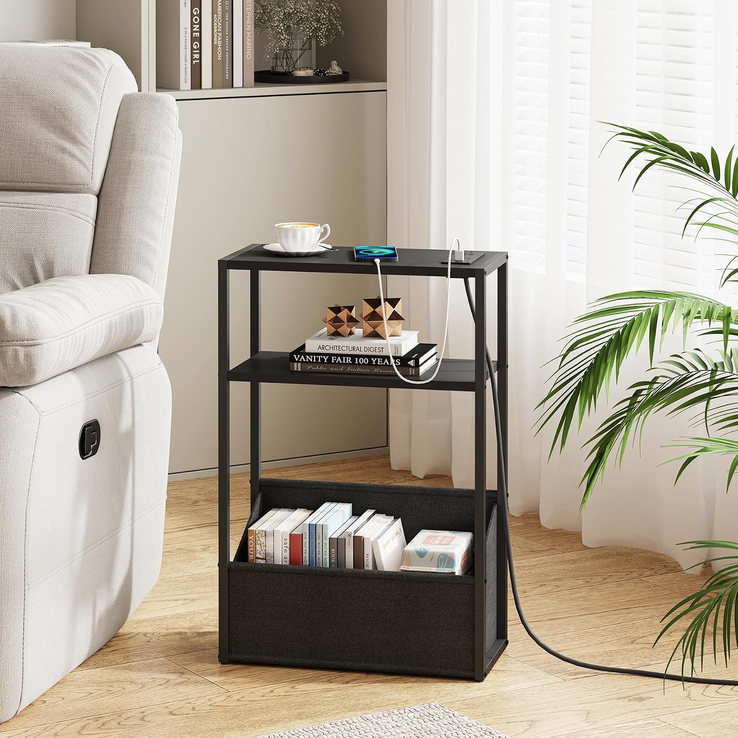 TUTOTAK Keep Phones Charged & Books Organized with Slim 3-Tier Side Table with Charging Station for Living Room Bedroom TB01BK095