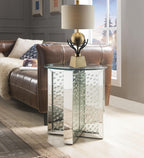 Nysa Modern 21" Round Mirrored End Table with Faux Crystal Inlay, Glam X-Shape Pedestal Side Table, Tempered Glass Top Nightstand for Bedroom, Fully Assembled Accent Table for Living Room