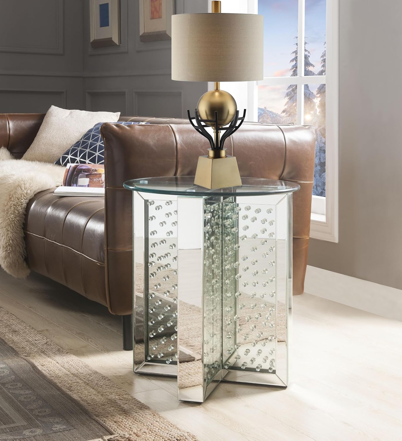 Nysa Modern 21" Round Mirrored End Table with Faux Crystal Inlay, Glam X-Shape Pedestal Side Table, Tempered Glass Top Nightstand for Bedroom, Fully Assembled Accent Table for Living Room