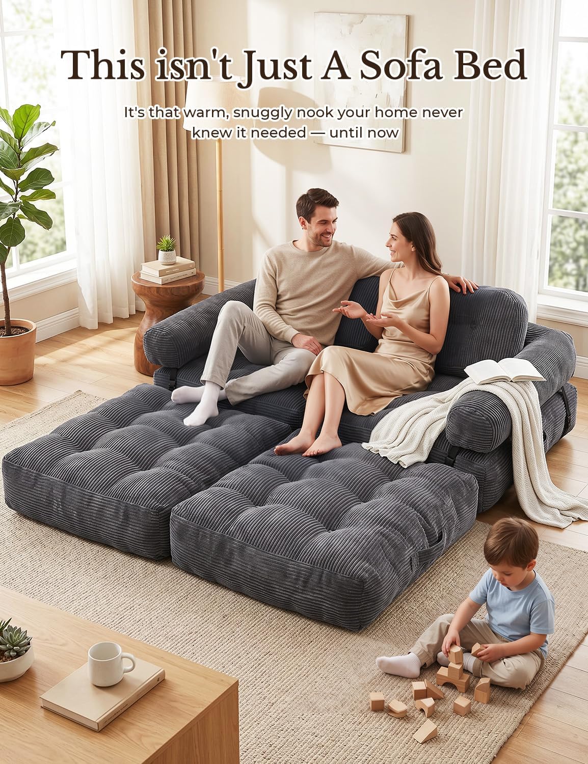 Folding Sofa Bed, L-Shaped Couch Back Support and Arm Pillow Futon, Convertible Sofa Bed for Living Room/Guest Use/Home Office, Boneless Foldable Couch for Adults, Dark Gray
