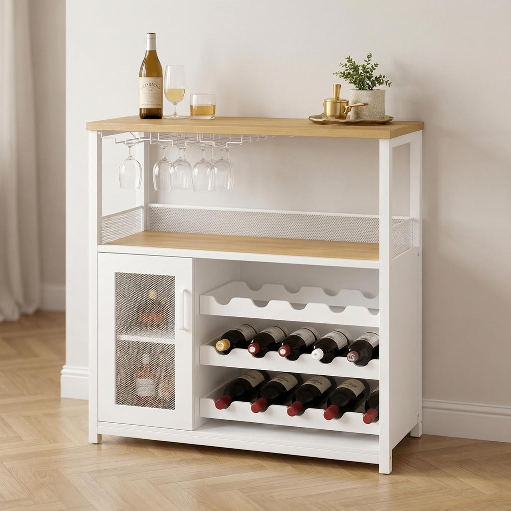 Wine Bar Cabinet, 3-Tier Removable wine rack cabinet glass holder, Mesh door adjustable shelf display cabinet bar, Waterproof metal frame buffet cabinet with storage coffee station bar cabinet, White