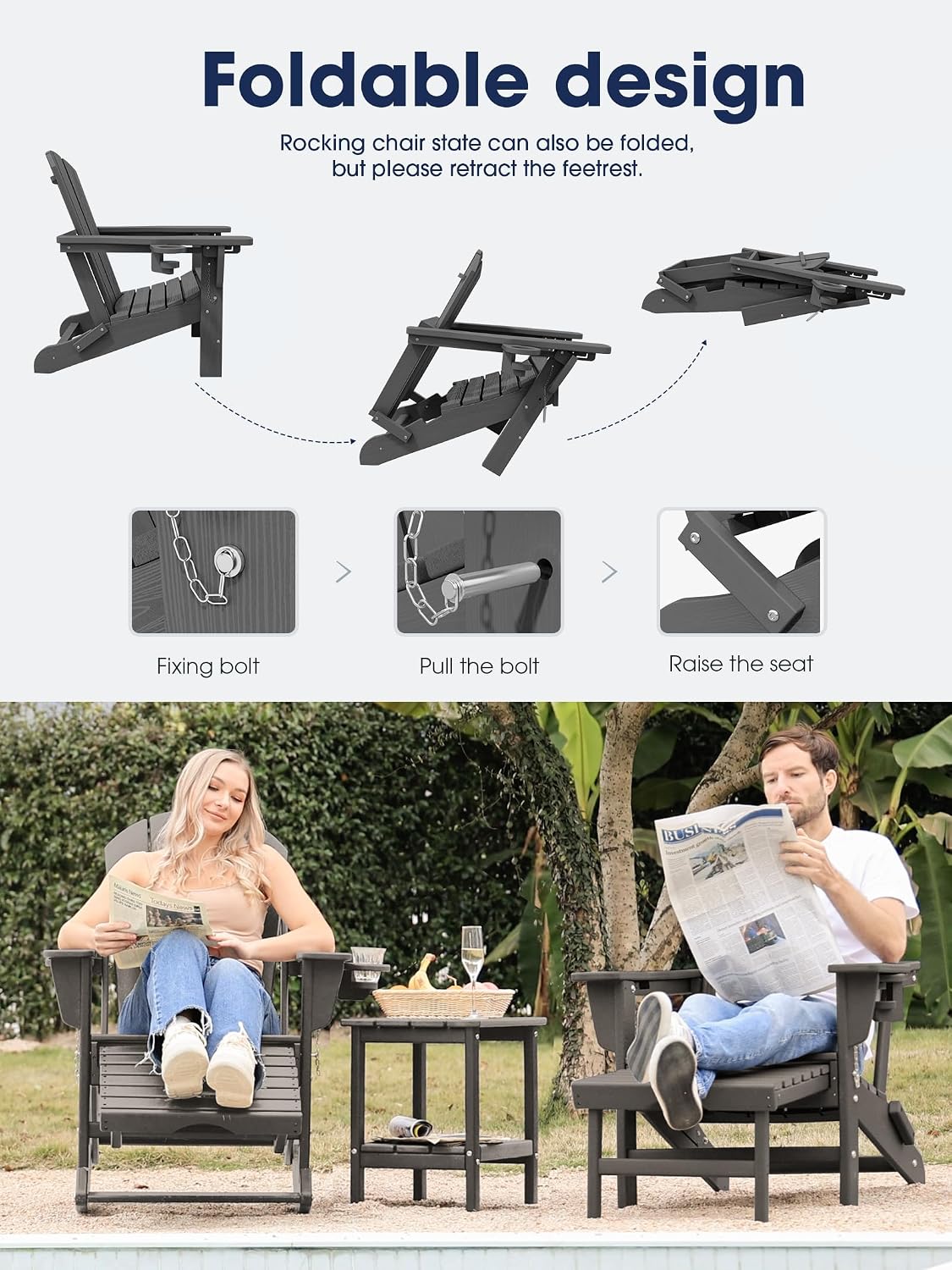 KINGYES Adirondack Rocking Chair Set of 2 with Retractable Ottoman and Cup Holders, HDPE Adirondack Rocker Patio Rocking Chair for Porch, Patio, Balcony, Leaden Grey