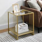 18 Inch Square Tempered Glass Gold End Table with 2-Tier Storage Shelf, Modern Gold Metal Frame Sofa Side Table Clear Glass Accent Table for Living Room Bedroom Small Spaces