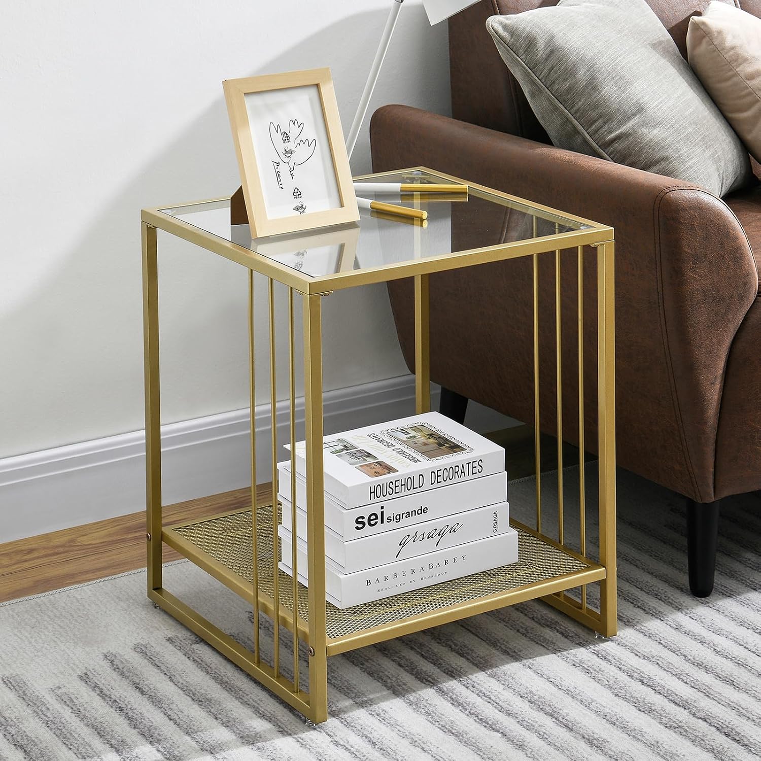 18 Inch Square Tempered Glass Gold End Table with 2-Tier Storage Shelf, Modern Gold Metal Frame Sofa Side Table Clear Glass Accent Table for Living Room Bedroom Small Spaces