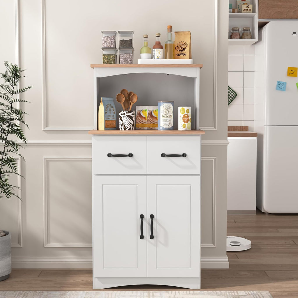 Modern White Wooden Kitchen Pantry Cabinet with Microwave Stand, Storage Drawer & Adjustable Shelf – Space-Saving Organizer for Small Kitchens