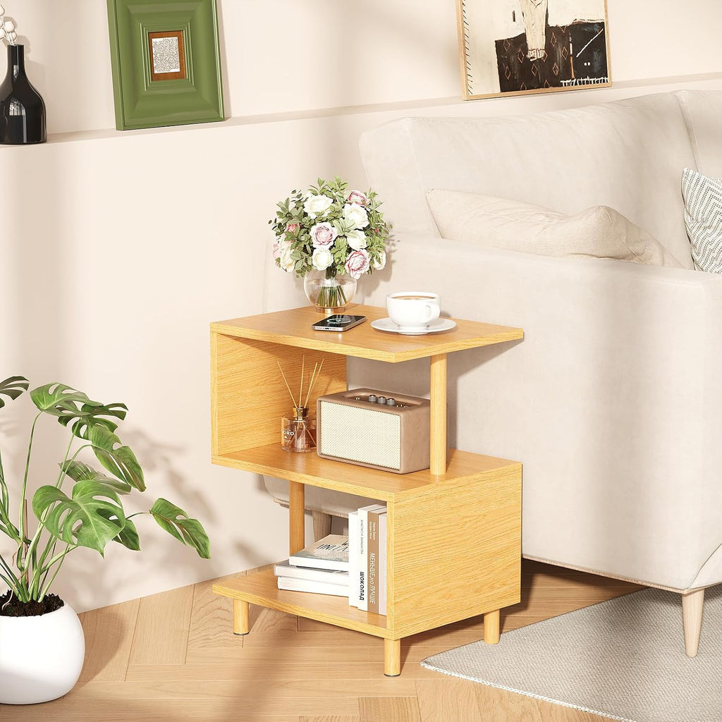 Apicizon S-Shaped Side Table, 3-Tier Nightstand with Solid Wood Legs, Slim Bedside Table with Storage Shelf, Modern End Table for Small Spaces, Bedroom, Living Room, Entryway, Natural