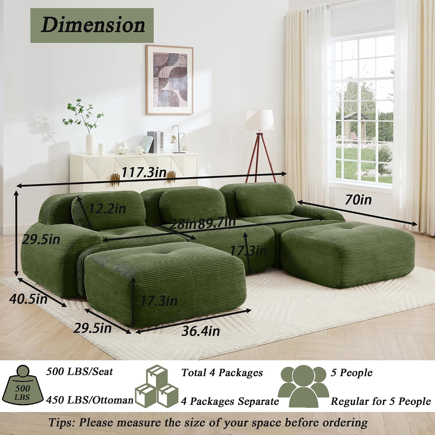 Modular Sectional Sofa Boneless Couch, U Shaped Sectional Couches for Living Room, Oversized Cloud Couch with Deep Seat and Ottoman, Comfy Corduroy Upholstery Green Couches, No Assembly(3S+2O)