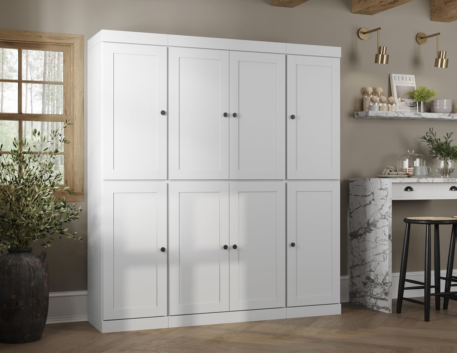 Palace Imports Solid Wood White Storage Cabinet - 71.5" Tall Kitchen Pantry Cabinet 65" Wide - 8 Wooden Shaker Doors, 2 Drawers & 12 Adjustable Shelves - 100% Eco-Friendly Wood, Made in Brazil