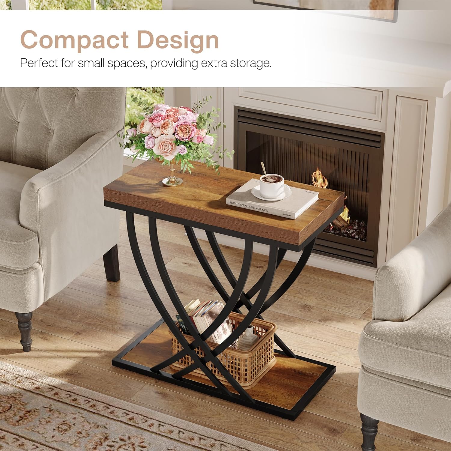 Tribesigns Side Table Set of 2, Narrow 2-Tier End Table for Living Room, Industrial Nightstand with Metal Frame, Small Bedside Tables for Bedroom, Sofa Couch, Small Spaces, Rustic Brown